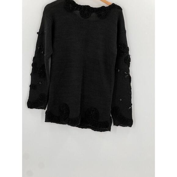VINTAGE JENNIFER REED HAND KNIT PETITE SMALL BLACK SEQUIN EMBELLISHED SWEATER - Picture 4 of 9